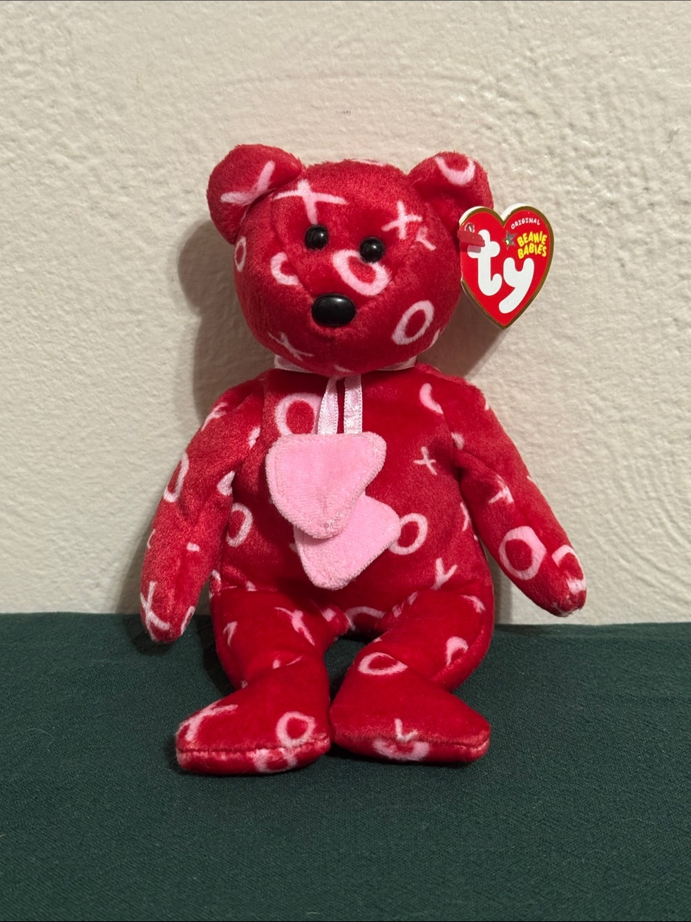 Ty Red Plush Bear with Pink Heart Accent - XOXO Pattern